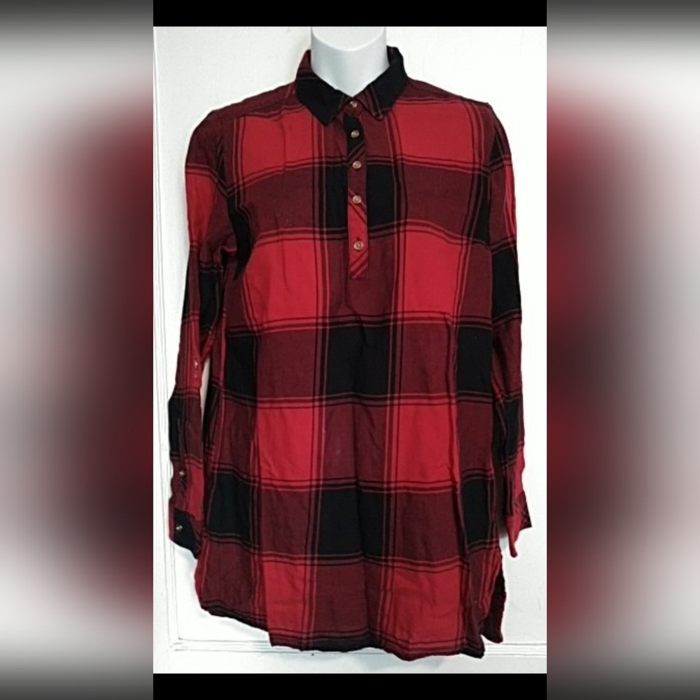 Tommy Hilfiger Ladies Red & Navy Blue Checkered Tunic Button Down Top Sz XS